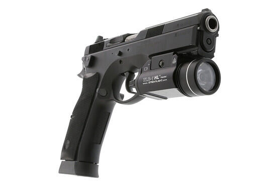 The Streamlight TLR-1 HL weapon mounted flashlight attached to a CZ 75 handgun